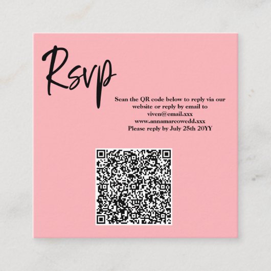 Roze QR Code RSVP Kaart  Vierkante Visitekaartje (Voorkant)