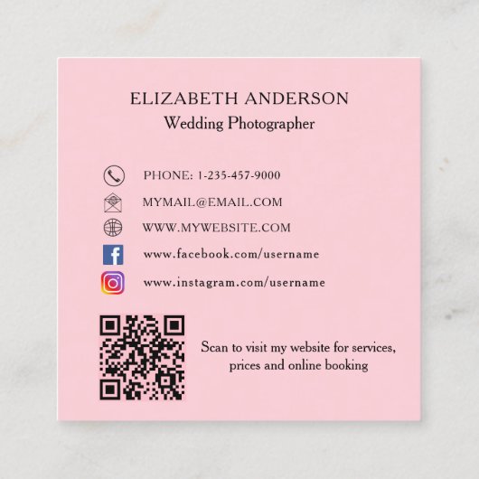 Roze QR-code sociale media Vierkante Visitekaartje (Achterkant)