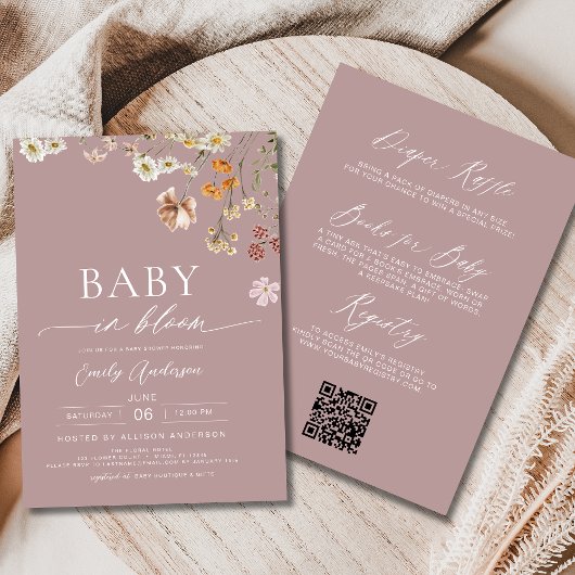 Roze QR Code Wildflower Baby in Bloom Baby shower Kaart
