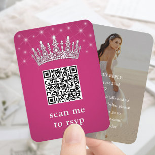 Roze QR RSVP Quinceañera Kroon & Foto Informatiekaartje