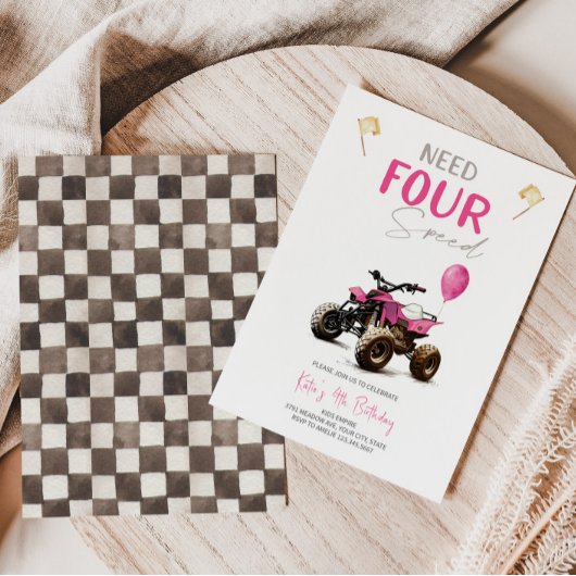 Roze Quad Bike 4e Verjaardag uitnodiging