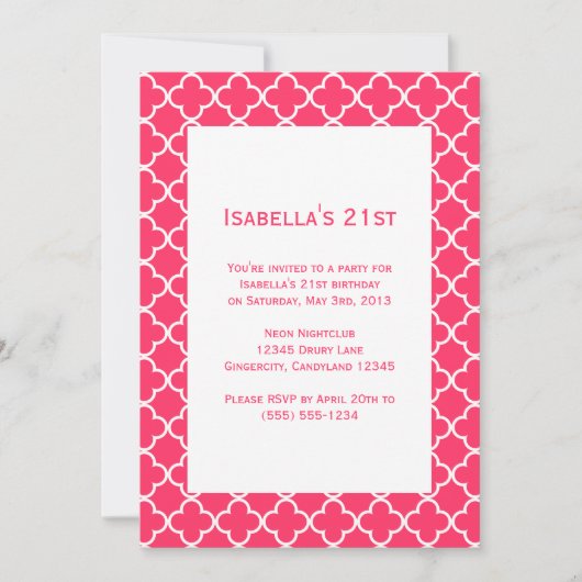 Roze Quatrefoil Birthday Uitnodiging (Voorkant)