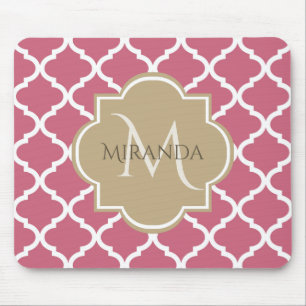 Roze Quatrefoil Met Girly Monogram En Naam Muismat