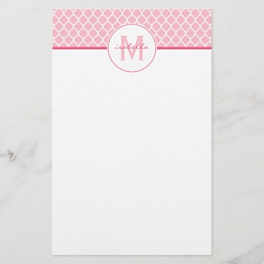 Roze Quatrefoil Monogram Briefpapier (Voorkant)