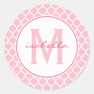 Roze Quatrefoil Monogram Ronde Sticker
