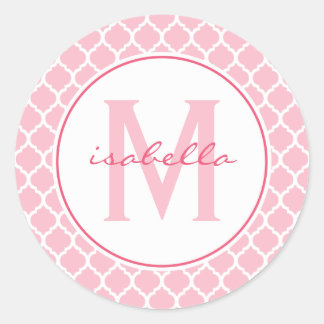 Roze Quatrefoil Monogram Ronde Sticker