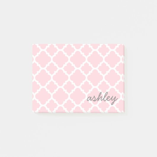 Roze Quatrefoil Patroon met grijze Script-naam Post-it® Notes (Voorkant)