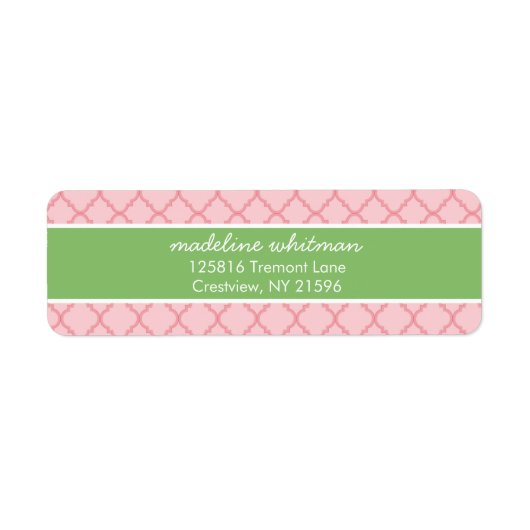 Roze Quatrefoil | Roze en Groen Preppy-adres Etiket (Voorkant)