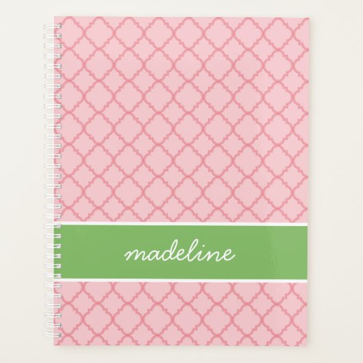 Roze Quatrefoil | Roze en groene preppy Planner (Voorkant)