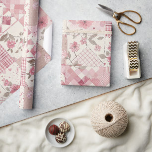 Roze Quilt Gingham Cottagecore Bloem Cadeaupapier