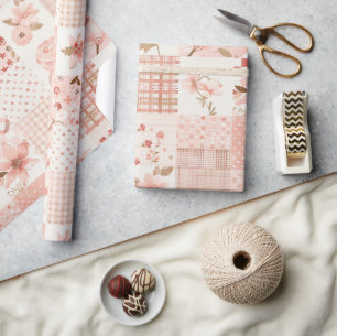 Roze Quilt Gingham Cottagecore Bloem Cadeaupapier