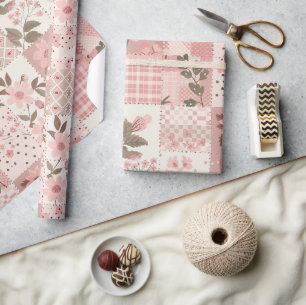Roze Quilt Gingham Cottagecore Bloem Cadeaupapier