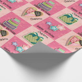 Roze Quilt Motif Naam toevoegen Verjaardag voor ha Cadeaupapier
