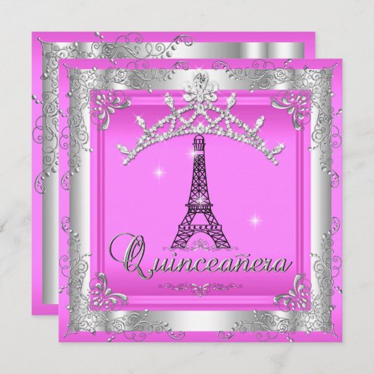 Roze Quinceanera 15 Silver Tiara Eiffel Tower Kaart (Voorkant / Achterkant)
