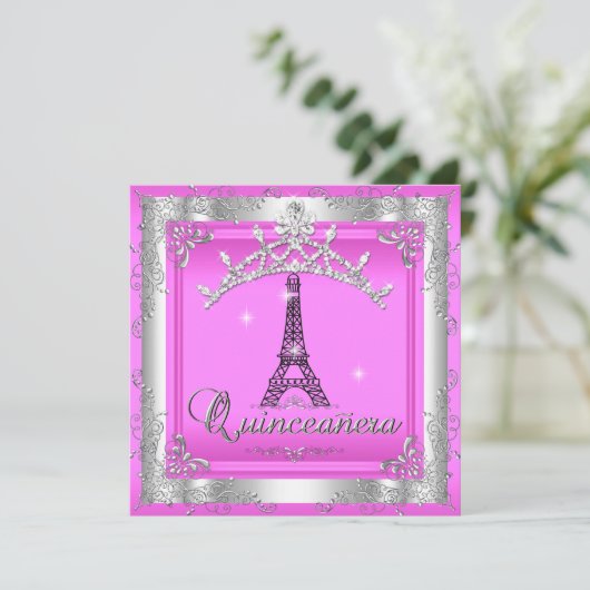 Roze Quinceanera 15 Silver Tiara Eiffel Tower Kaart (Staand voorkant)