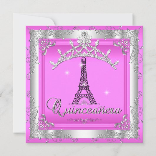 Roze Quinceanera 15 Silver Tiara Eiffel Tower Kaart (Voorkant)