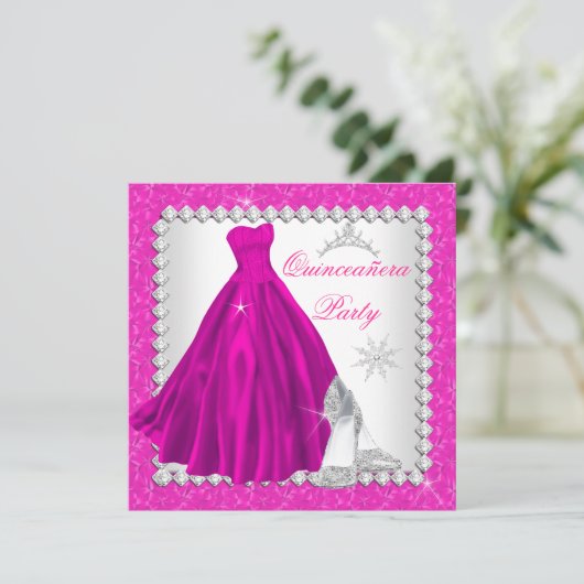 Roze Quinceanera 15e Diamond Birthday Party Kaart (Staand voorkant)