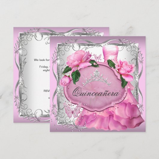 Roze Quinceanera 15e Roos Tiara Kaart (Voorkant / Achterkant)