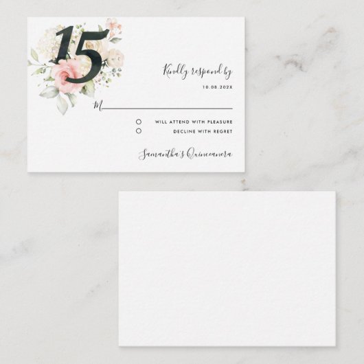 Roze Quinceanera 15e verjaardag Bloemen RSVP Informatiekaartje (Voorkant / Achterkant)