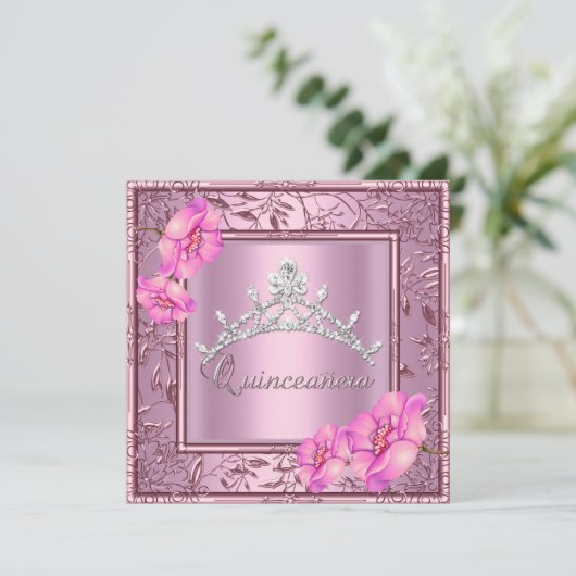 Roze Quinceanera 15e verjaardag Pink Tiara Kaart (Staand voorkant)