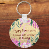 Roze Quinceanera 15e verjaardag van het bloemgoud Sleutelhanger (Voorkant)