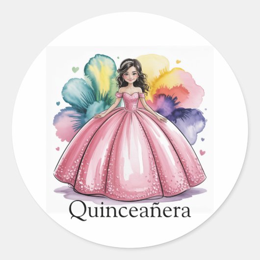 Roze Quinceañera Ball Gown Art Ronde Sticker (Voorkant)