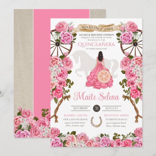 Roze Quinceanera Elegant Roos Charro Birthday Kaart (Voorkant / Achterkant)
