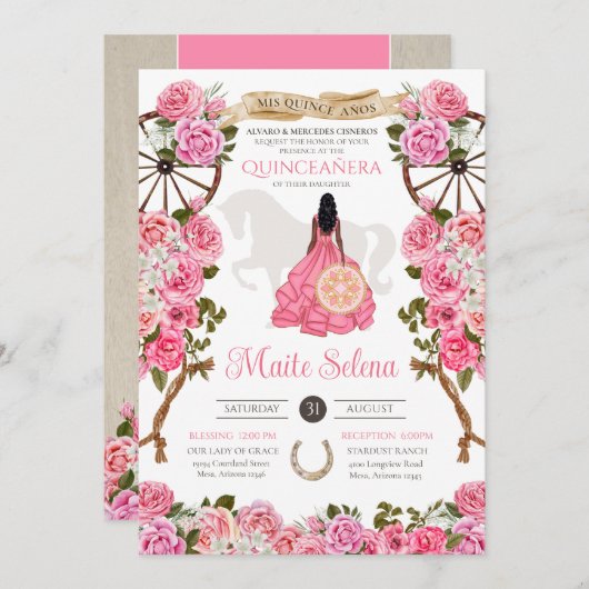 Roze Quinceanera Elegant Roos Western Charra Kaart (Voorkant / Achterkant)