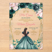 Roze Quinceañera Emerald Groen Gouden Kroon Bloeme Acryl Uitnodigingen (Voorkant)
