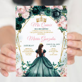 Roze Quinceañera Emerald Groen Gouden Kroon Bloeme Kaart