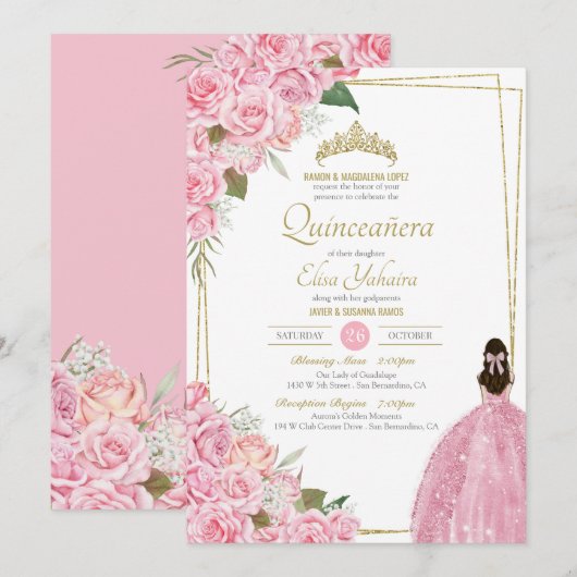 Roze Quinceanera Floral Roos Quince Elegant Gown I Kaart (Voorkant / Achterkant)