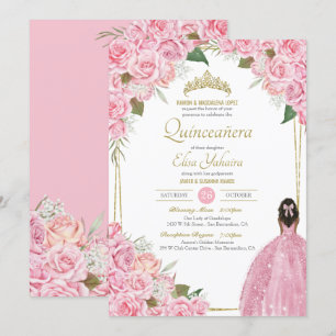 Roze Quinceanera Floral Roos Quince Elegant Gown Kaart