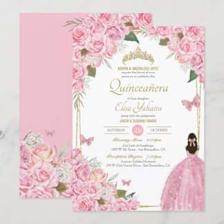 Roze Quinceanera Floral Roos Quince Gown Butterfly Kaart