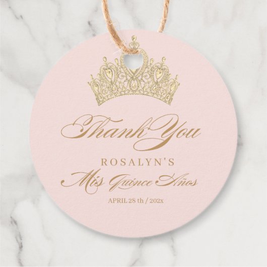 Roze Quinceanera Gold Tiara Bedankjes Labels (Achterkant)