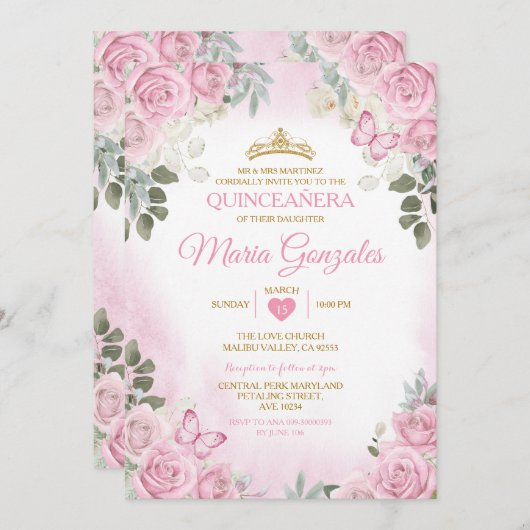 Roze Quinceañera Gouden Kroon Mexicaanse Vlinder Kaart (Voorkant / Achterkant)