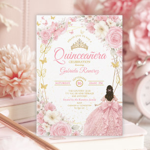 Roze Quinceañera Gouden Tiara Vlinder Kaart