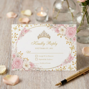 Roze Quinceañera Gouden Vlinder RSVP Kaartje