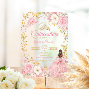 Roze Quinceañera Gouden Vlinder Uitnodiging