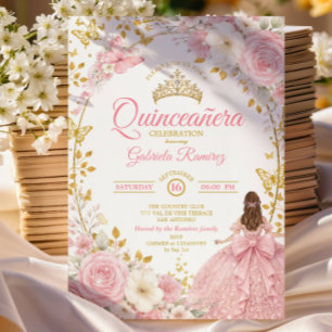 Roze Quinceañera Gouden Vlinder Uitnodiging
