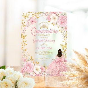 Roze Quinceañera Gouden Vlinders Acryl Uitnodigingen