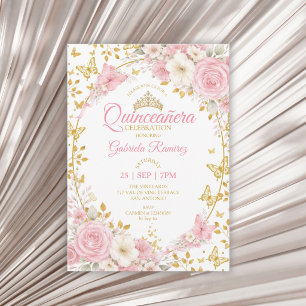 Roze Quinceañera Gouden Vlinders Rozen Kaart