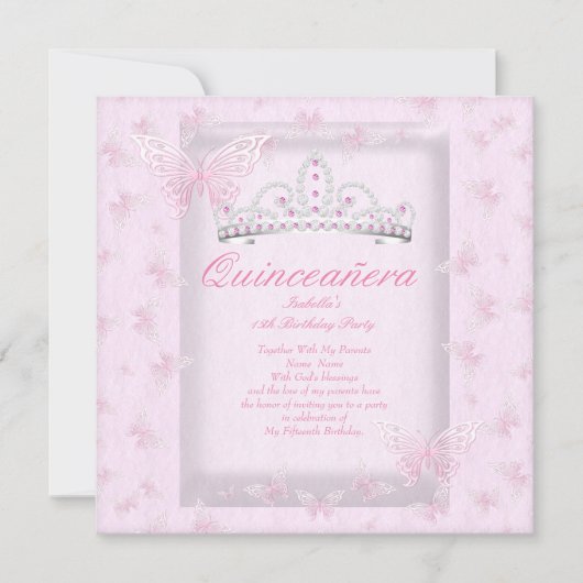 -roze Quinceanera-partij Tiara Butterflies Kaart (Voorkant)
