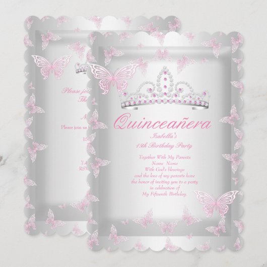 -roze Quinceanera-partij Tiara Butterfly Kaart (Voorkant / Achterkant)