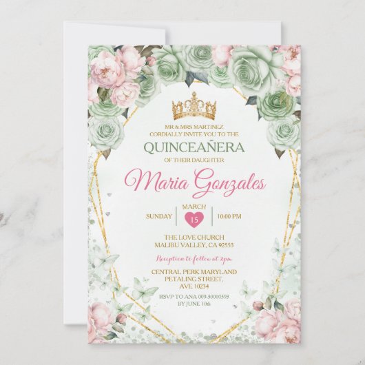 Roze Quinceañera Sage Groene Mexicaanse Vlinder Kaart (Voorkant)