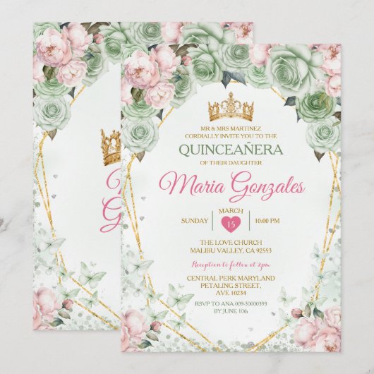Roze Quinceañera Sage Groene Mexicaanse Vlinder Kaart (Voorkant / Achterkant)