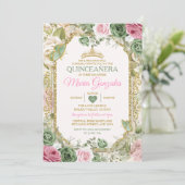 Roze Quinceañera Salie Groen Gouden Kroon Vlinder Kaart (Staand voorkant)