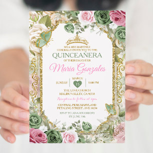 Roze Quinceañera Salie Groen Gouden Kroon Vlinder Kaart