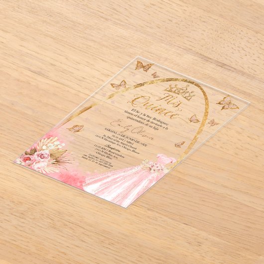 Roze Quinceanera Spaanse Acryl Uitnodiging (Laagn)