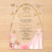 Roze Quinceanera Spaanse Acryl Uitnodiging (Voorkant)
