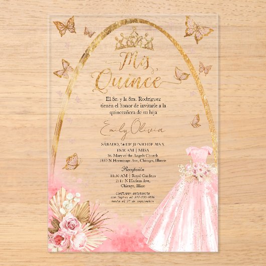 Roze Quinceanera Spaanse Acryl Uitnodiging (Voorkant)